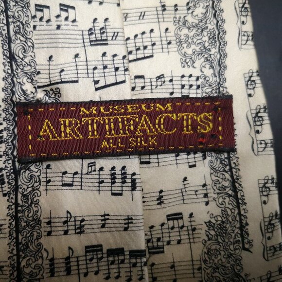 Museum Artifacts All Silk Handmade Men's Ivory w/ Black Musical Pattern Neck Tie - Picture 3 of 4